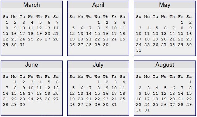 March 2020- August 2020 calendar