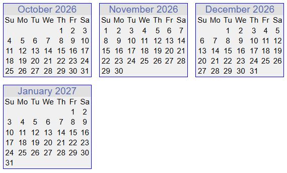 Calendar showing dates from October 1 2026 through January 2027